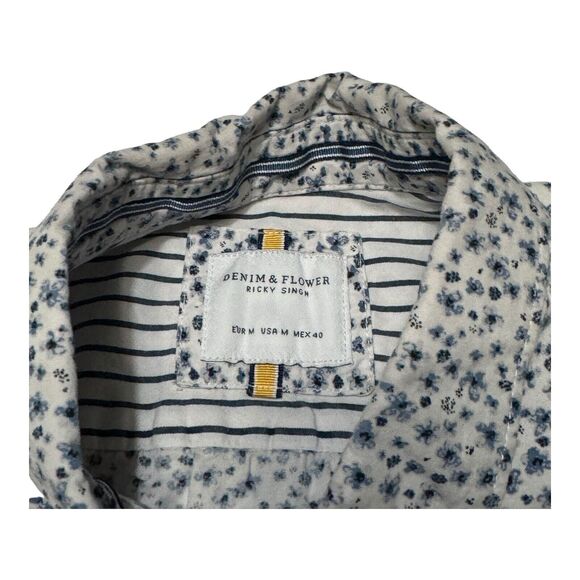 Denim & Flower Men's Shirt Short Sleeve Medium Blue Floral Button Down Slim Fit - Picture 3 of 10